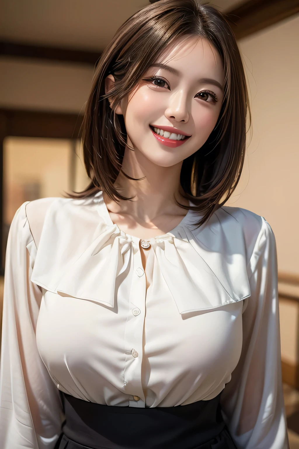 ((masterpiece)), ((Highest quality)), ((Complex)), ((Surreal)), (Realistic), (Mature Woman), ((There are no classes)), Very detailed, (1 female), Beautiful and exquisite, (Beautiful Teeth), Grin, Brunette bob hair, Brown eyes, ((blouse)), (Upper Body), ((background:none)), Perfect Eyes, Captivating eyes, Looking at the audience