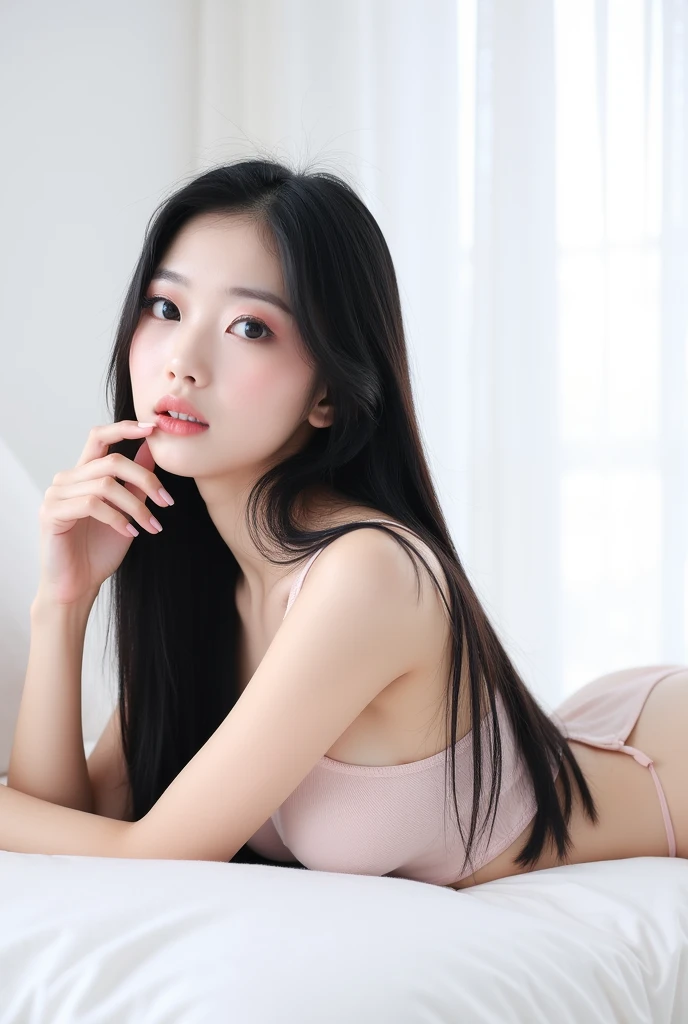 (Take the whole body:1), A realistic portrait of a woman, Very realistic, photography, long straight black hair, asian woman, 20-year-old Asian girl, beautiful, cute, sexy, hourglass figure, perfect body, Look flirting., natural big breasts, Long eyelashes, Cat eye makeup, Double eyelids, sexy pose, Erotic poses, seductive pose, big breasts,  big  , ((Naked body))