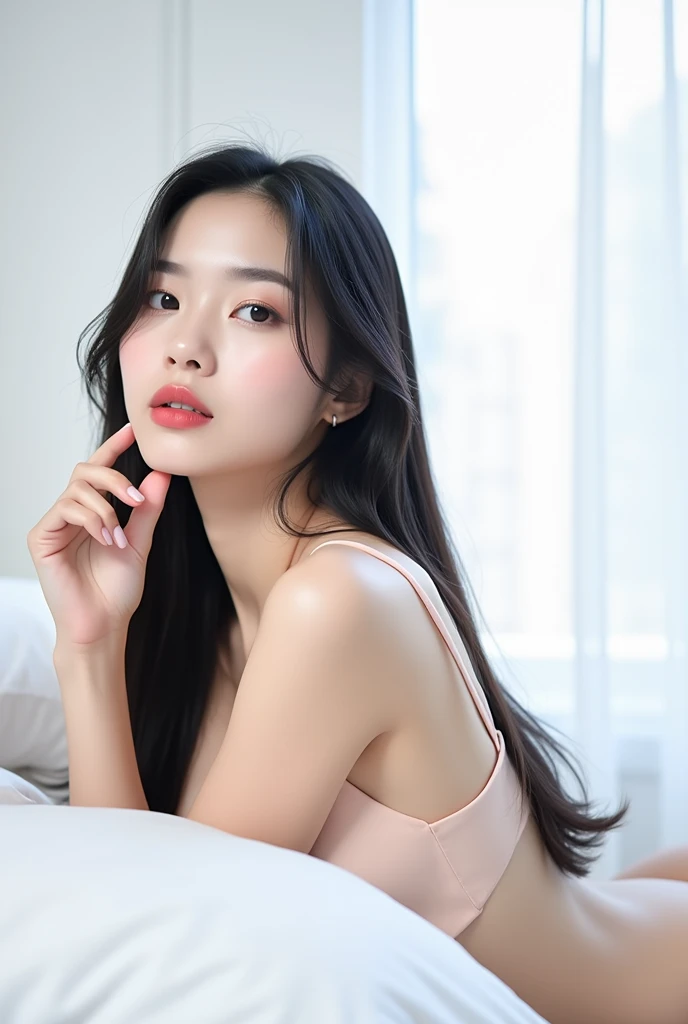 (Take the whole body:1), A realistic portrait of a woman, Very realistic, photography, long straight black hair, asian woman, 20-year-old Asian girl, beautiful, cute, sexy, hourglass figure, perfect body, Look flirting., natural big breasts, Long eyelashes, Cat eye makeup, Double eyelids, sexy pose, Erotic poses, seductive pose, big breasts, big , ((Naked body))