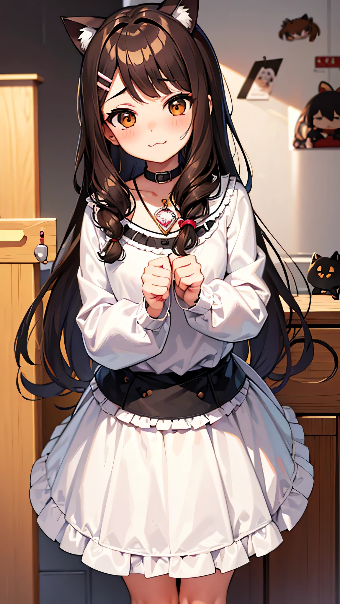 All intricate details, anatomia perfecta, cartoon style girl, 1 girl view, pretty, alone, hapy pose, skirt, brown hair, uwu, Hair ornament: ((cute chibi yarn cat))), chibi, virtual vtuber, brown hair, hair orn, cat smile, :3ament,HayaseNagatoro,nagatoro hayase, hair ornament, brown eyes, hairclip, tanned skin, black hair, random angle