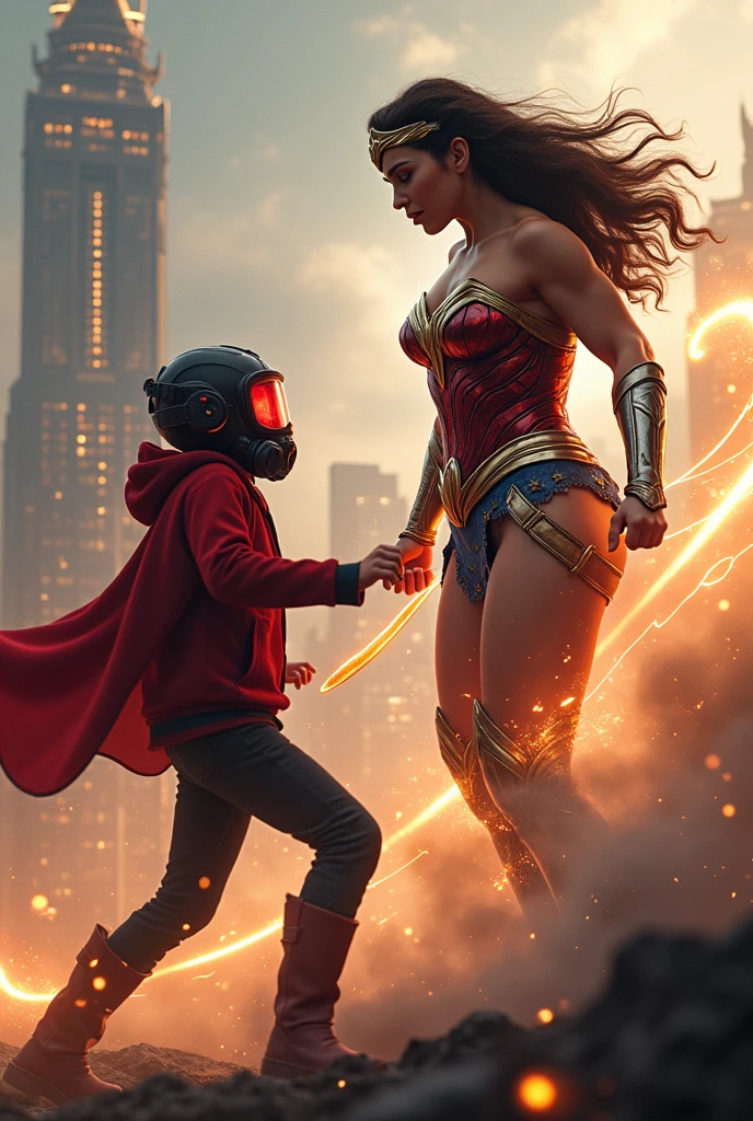Wonder woman, realistic, big breasts, microphone, full body & Youg boy with red hoodie, headphones, Star-lord helmet, rocket boots, gas helmet, covered mouth, round red, eyes, front cover, Kid Star-lord with red hoodie, star-lord helmet, gas helmet, covered mouth, round red eyes, Red eyes, magic rings in the hands and rocket boots, Fighting, power, fiction, 2 persons, magic lasso, hight, fall, DJ, view of the city from above, flying in the sky, capa roja, fire under shoes, Space.