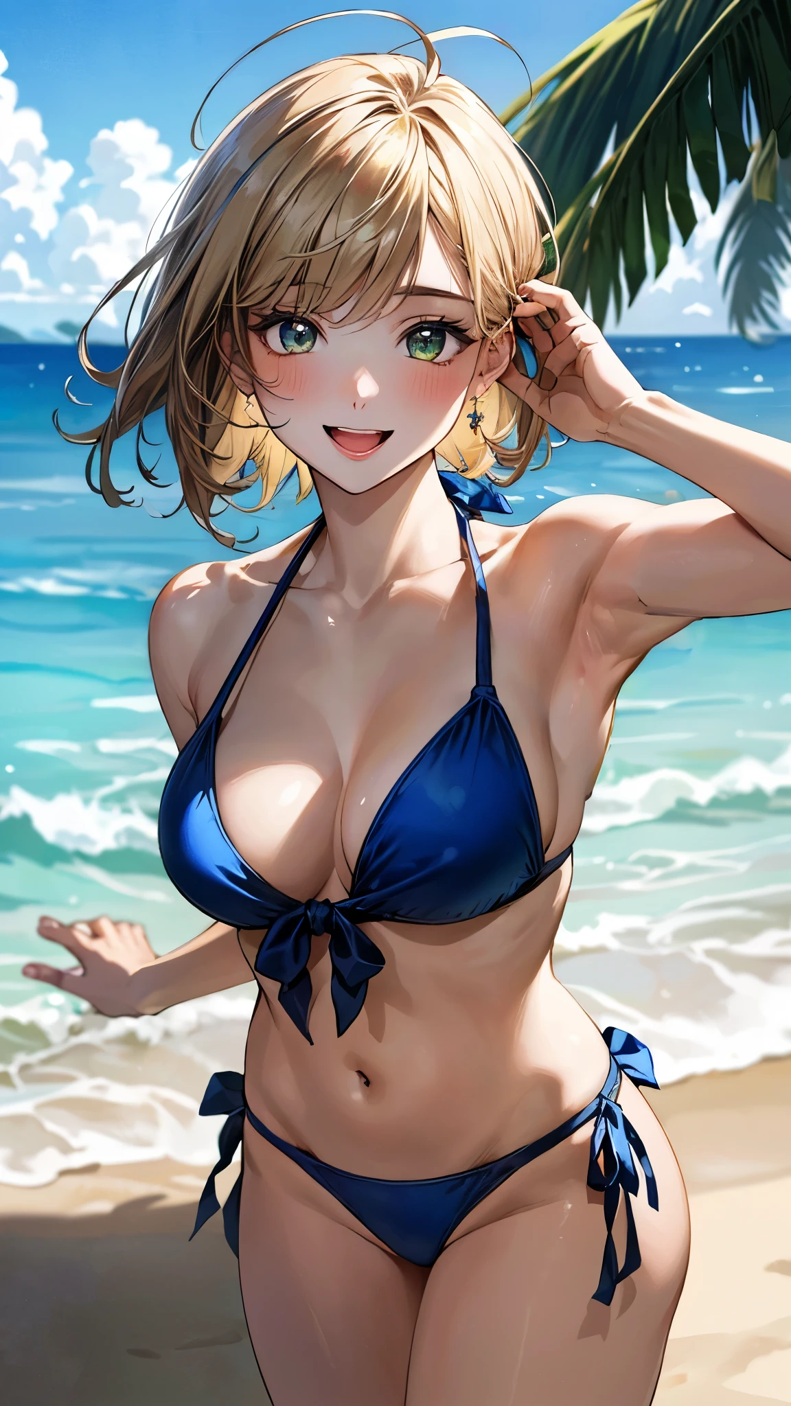 (masterpiece:1.3, top-quality, ultra high res, ultra detailed), (realistic, photorealistic:1.4), beautiful illustration, perfect lighting, natural lighting, colorful, depth of fields, surrealism, 
beautiful detailed hair, beautiful detailed face, beautiful detailed eyes, beautiful clavicle, beautiful body, beautiful chest, beautiful thigh, beautiful legs, beautiful fingers, shiny skin, babyface, 
looking at viewer, selfie, 1 girl, high school girl, (perfect anatomy, anatomically correct, super detailed skin), cute and symmetrical face, perfect face, perfect eyes, 
(short hair, lob hair, blonde hair), asymmetrical bangs, ahoge, blue-green eyes, big eyes, drooping eyes, long eyelashes, (large breasts:1.5, seductive thighs), glamorous, outstanding style, 
(detailed cloth texture, break marine blue bikini),
(beautiful scenery), evening, (tropical beaches), (pose with movement), (lovely smile, open mouth small),