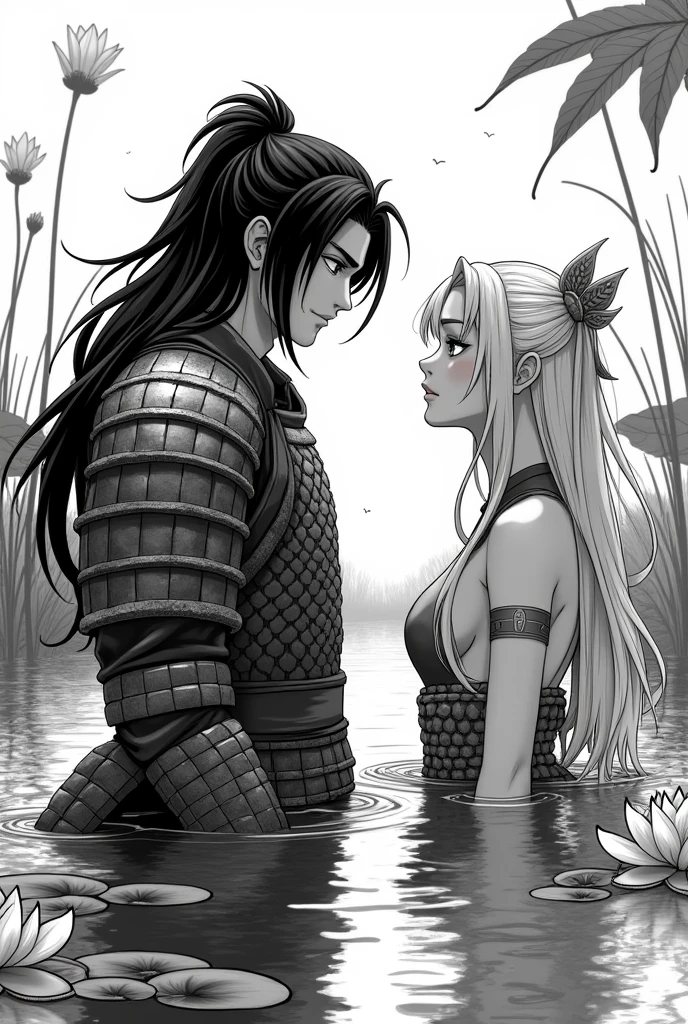 Create a black and white Japanese manga style male character, with long hair, samurai armor without helmet, talking to a girl in.a lake