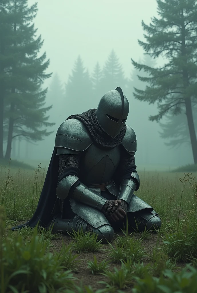 Templar knight with a solid iron helmet covering his face, on his knees in the middle of the battlefield with green grass, trees in the background and a light fog, as if he was feeling defeated in his soul