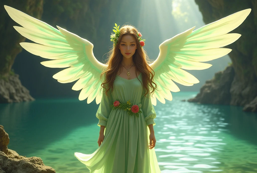 A delicate depiction of the Goddess of Wishing Falls from The Legend of Zelda、In the background, he is standing by a lake in a cave.、A gentle smiling face、Long brown hair、Wearing a light green cloth、Large pale green wings on its back、Floral ornament on the head、