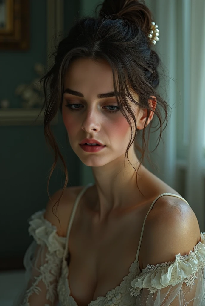 8k, top quality, masterpiece:1.2), (realistic, photo-realistic:1.37), top quality, masterpiece, beautiful young woman, pensive facial expression, thoughtful look, elegantly dressed, hair tied back, messy mood, cinematic backdrop, tired, light skin tone