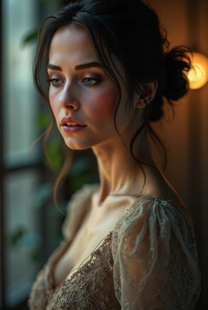 8k, top quality, masterpiece:1.2), (realistic, photo-realistic:1.37), top quality, masterpiece, beautiful young woman, pensive facial expression, thoughtful look, elegantly dressed, hair tied back, messy mood, cinematic backdrop, tired, light skin tone