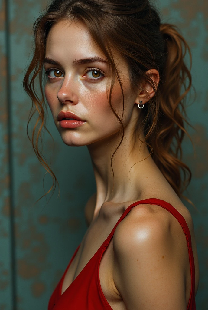 8k, top quality, masterpiece:1.2), (realistic, photo-realistic:1.37), top quality, masterpiece, beautiful young woman, pensive facial expression, thoughtful look, elegantly dressed, hair tied back, messy mood, cinematic backdrop, tired, light skin tone