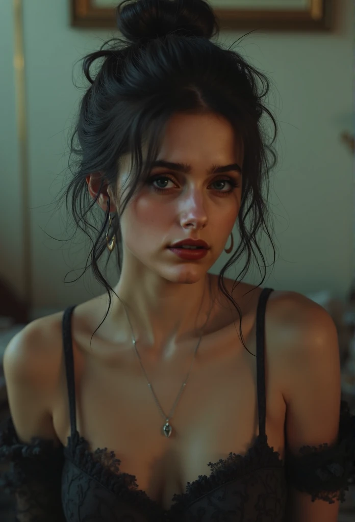 8k, top quality, masterpiece:1.2), (realistic, photo-realistic:1.37), top quality, masterpiece, beautiful young woman, pensive facial expression, thoughtful look, elegantly dressed, hair tied back, messy mood, cinematic backdrop, tired, light skin tone