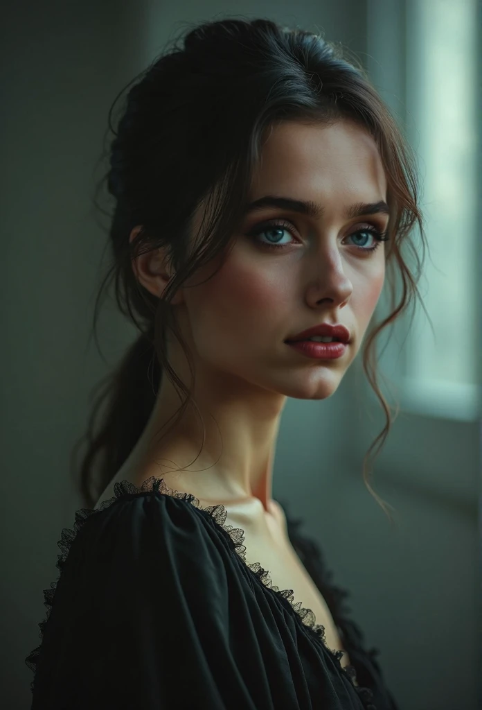 8k, top quality, masterpiece:1.2), (realistic, photo-realistic:1.37), top quality, masterpiece, beautiful young woman, pensive facial expression, thoughtful look, elegantly dressed, hair tied back, messy mood, cinematic backdrop, tired, light skin tone