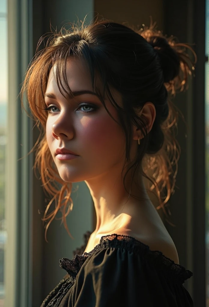 8k, top quality, masterpiece:1.2), (realistic, photo-realistic:1.37), top quality, masterpiece, beautiful young woman, pensive facial expression, thoughtful look, elegantly dressed, hair tied back, messy mood, cinematic backdrop, tired, light skin tone