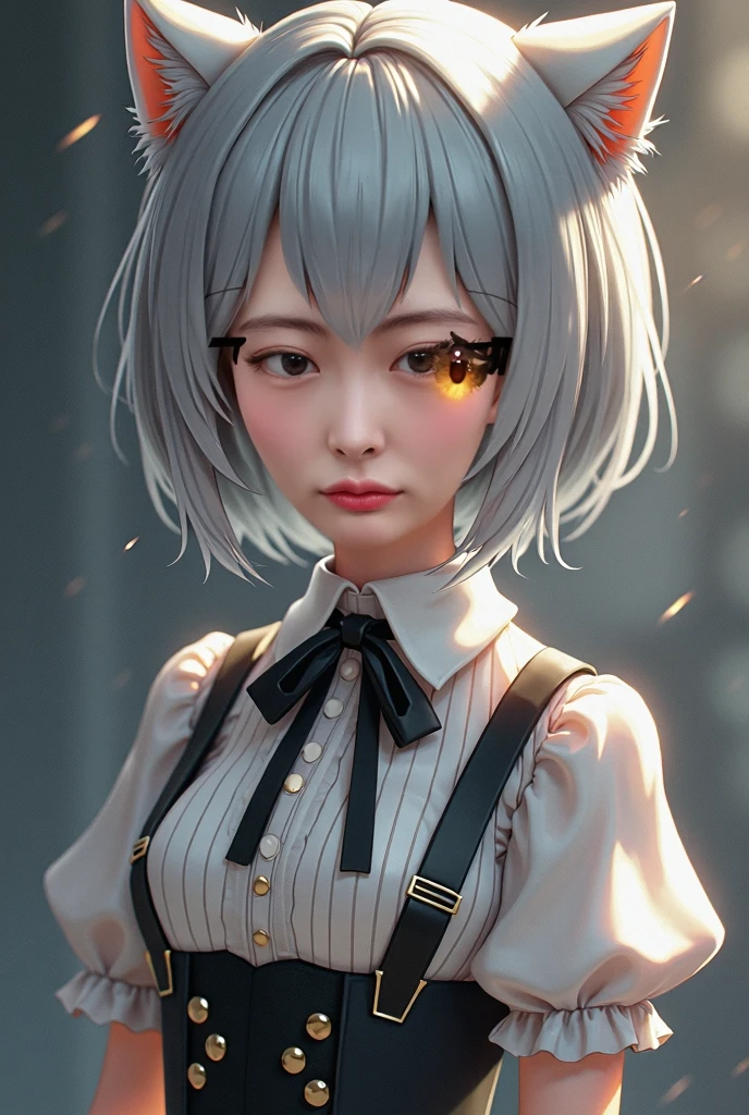 girl, Gray hair, Short hair, Eye, Small Breasts, Cat fur accessories, Side lock, Gray hair, Shiny hair, , (金色的Eye: 1.2), (There are two long triangle decorations on the skirt, Corset with waistband), White buttons on the corset bodice, (Corset corset with short-sleeved striped shirt underneath), (Sleeves close to the arms), (Thick black ribbon tied around neck), ( Short fuchsia skirt),