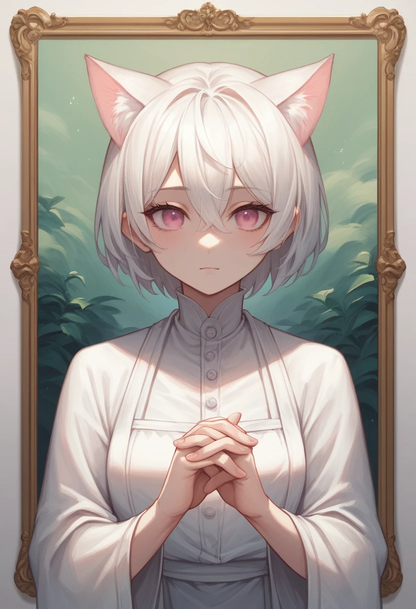 An anime girl with cat ears, The inside of the ears is covered with soft white fuzz, Her eyes are big and curious, She was so excited to see me., Beautiful eyes, White hair, Pink Eyes, Great painting style, Very good painting, Anime 2D, 2d, Lovely, Each hand has two fingers and five fingers, Beautiful hands, Great hand drawing, 4K, 8K,