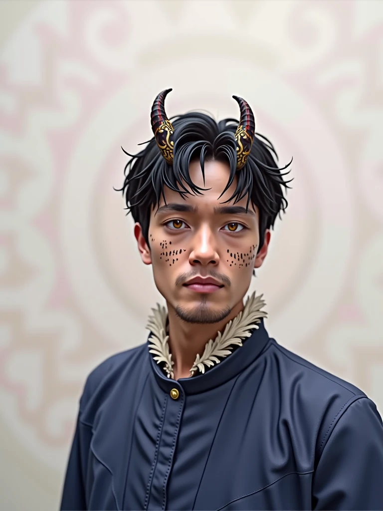 man in samurai Armor with fur around the neck and waist, Wearing a demon helmet, Dusty detail decoration, Fighting fatigue, Male Warrior, Armor, epic, Facial scars, Dungeons & Dragons Character Portraits, intricate, 8K Resolution, Dynamic Lighting, Ultra Detailed, Unreal 5, Volumetric Lighting, Alphonse Mucha, Pre-Raphaelite, Detailed background, Mandala, detailed face, detailed eyes, Neon Eyes