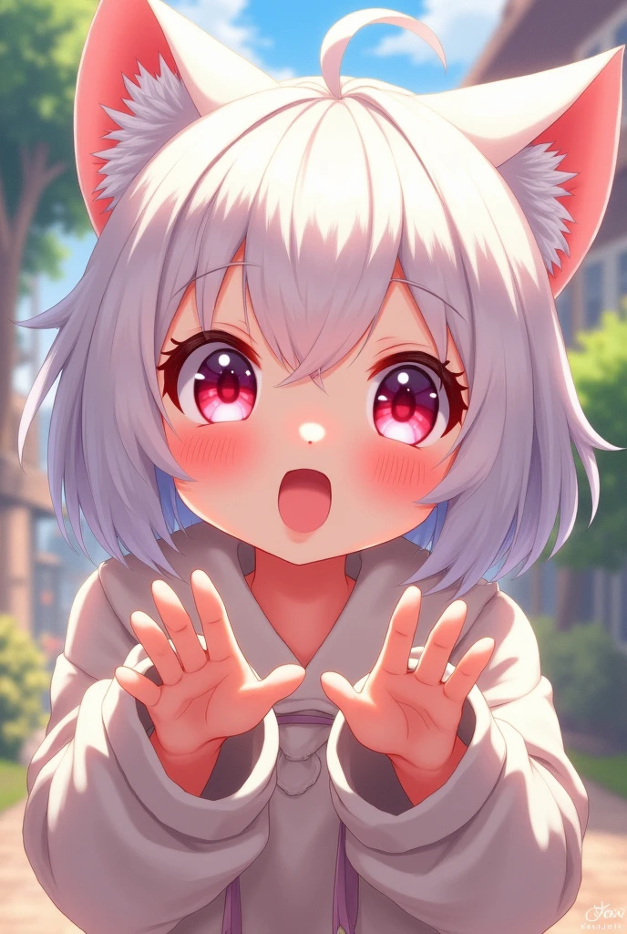 An anime girl with cat ears, The inside of the ears is covered with soft white fuzz, Her eyes are big and curious, She was so excited to see me., Beautiful eyes, White hair, Pink Eyes, Great painting style, Very good painting, Anime 2D, 2d, Lovely, Each hand has two fingers and five fingers, Beautiful hands, Great hand drawing, 4K, 8K,