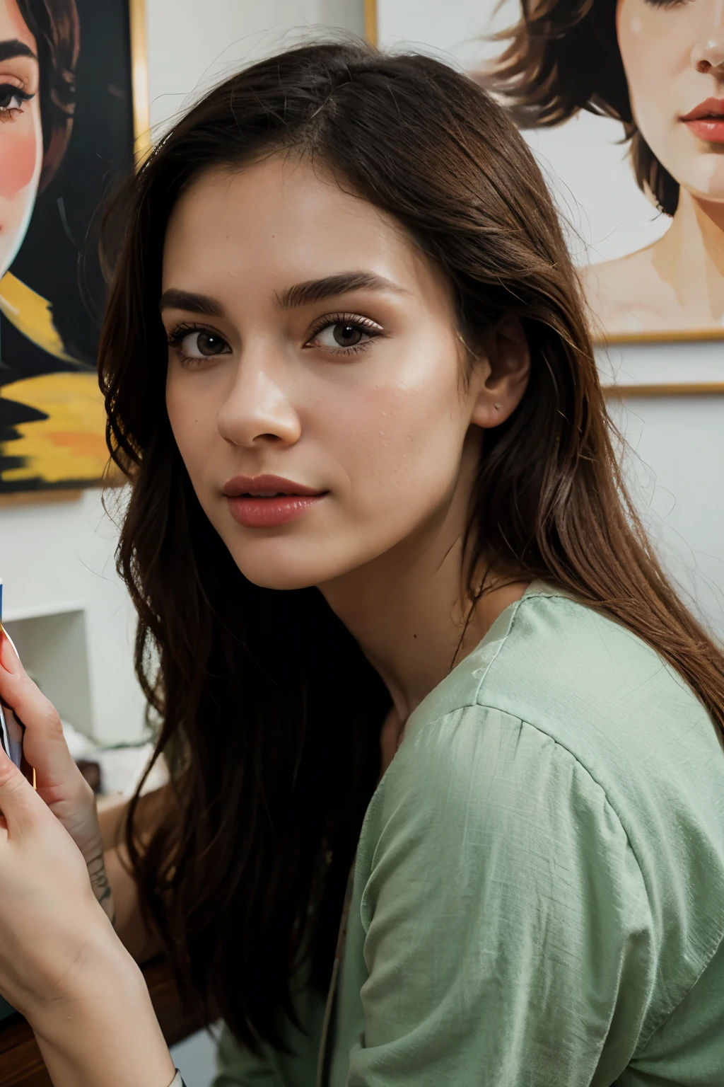Bright colors, Beautiful style, High-quality illustrations, Female pose with hand on chin, Elegant painting, Detailed illustrations of clothing and facial features.