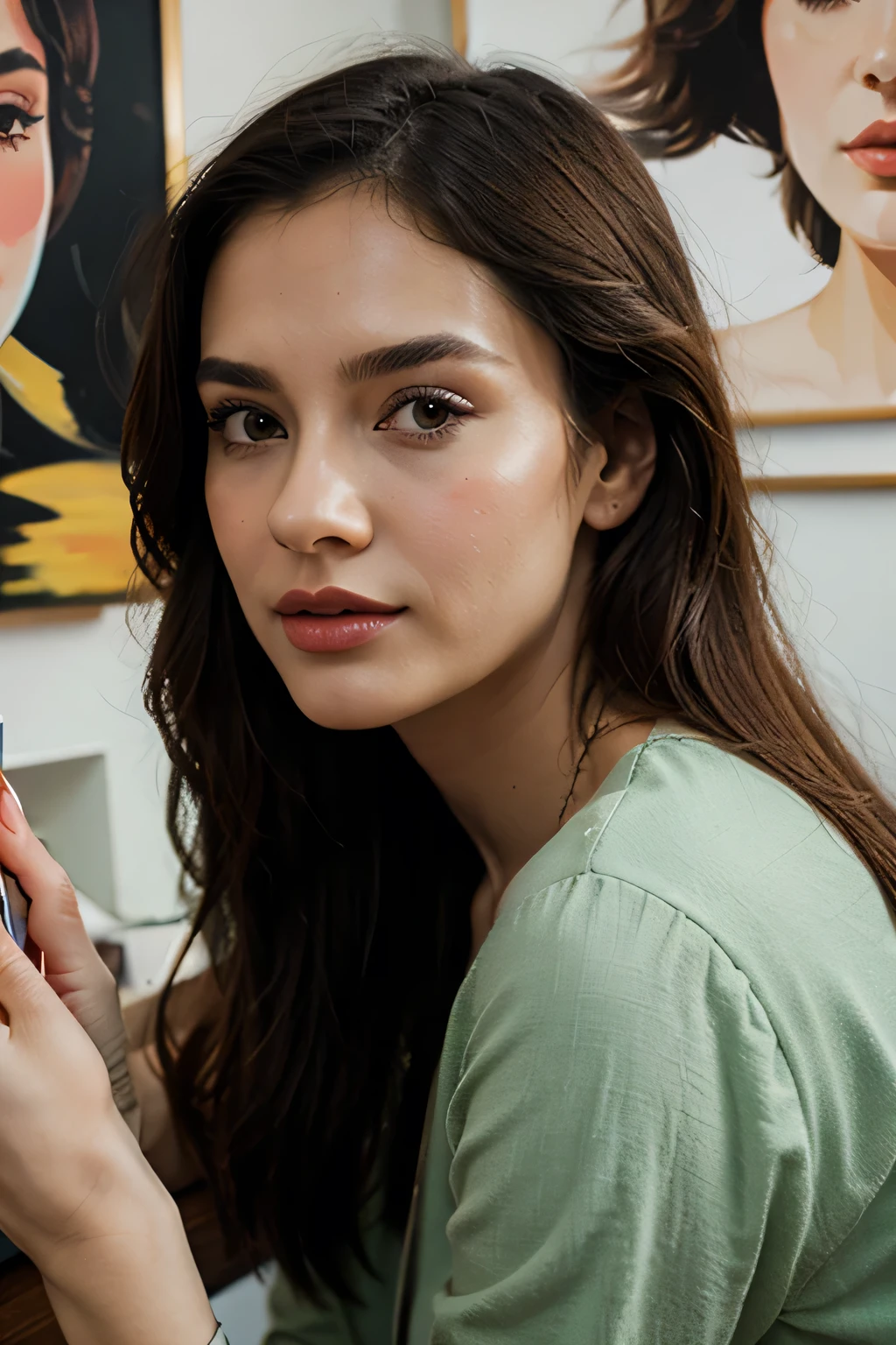 Bright colors, Beautiful style, High-quality illustrations, Female pose with hand on chin, Elegant painting, Detailed illustrations of clothing and facial features.
