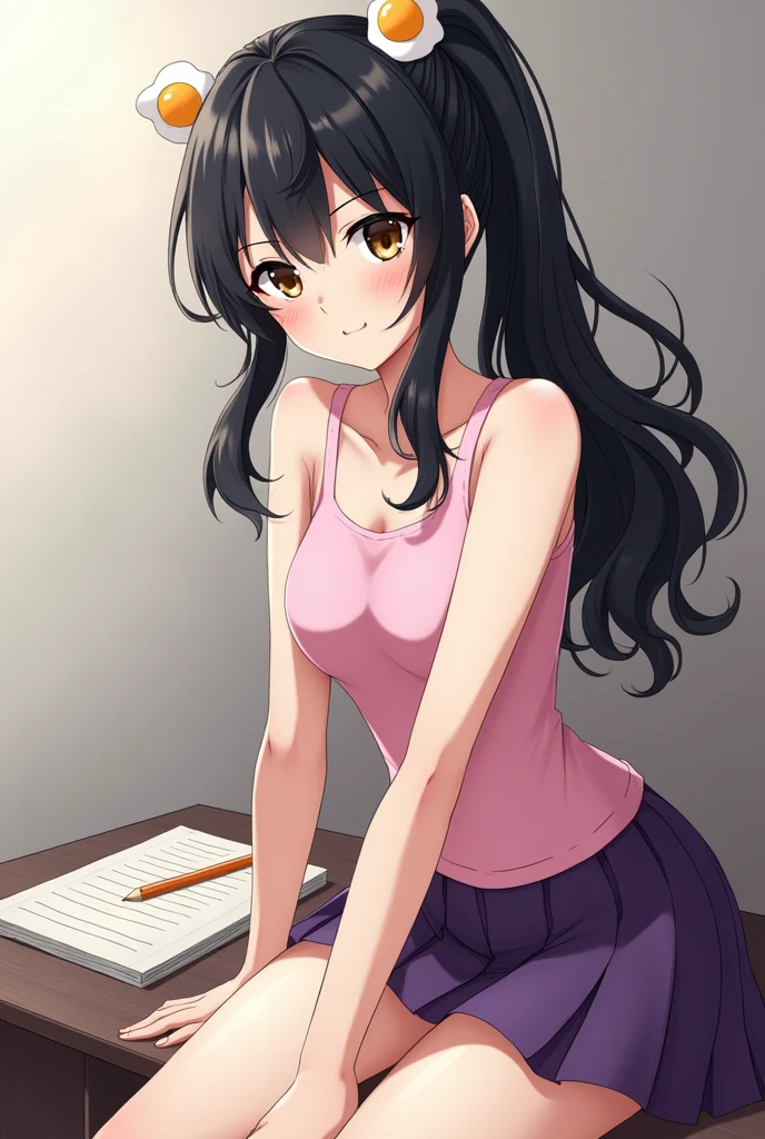 masterpiece, 1 Girl, Medium breasts, Solitary, Araragi Karen, Hair accessories, Egg Hair accessories, Side Ponytail, Black Hair, food-themed Hair accessories, fried Egg, Looking at the audience, Egg (food), Long hair, (dark eyes:1.1), Purple skirt, Sleeveless, Pink shirt, Operation, books, Take a pencil, giggle