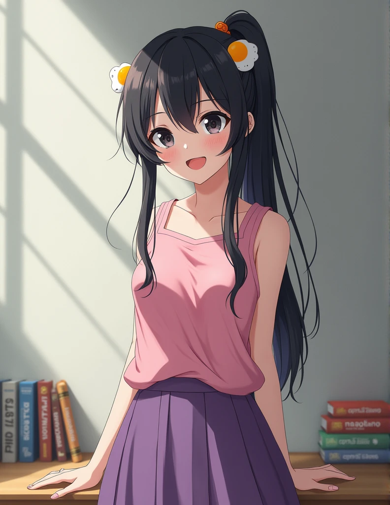 Realism, masterpiece, 1 Girl, Medium breasts, Solitary, Araragi Karen, Hair accessories, Egg Hair accessories, Side Ponytail, Black Hair, food-themed Hair accessories, fried Egg, Looking at the audience, Egg (food), Long hair, (dark eyes:1.1), Purple skirt, Sleeveless, Pink shirt, Operation, books, Take a pencil, giggle