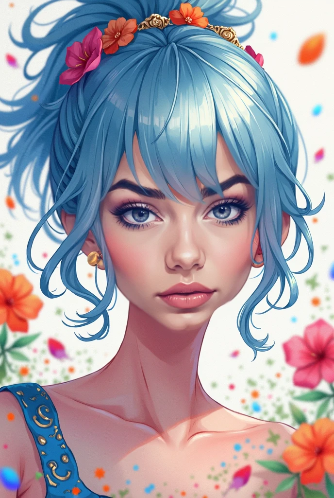 (masterpiece), (Best), (Extremely detailed),(Messy hair),(illustration), (1 Girl), (Fashion), permanent, fashion model, Looking at the audience, (interview), (Simple background),Beautiful and delicate eyes, Delicate and beautiful face, Floating,(High Saturation),(Colorful splash),Color bubbles,(shining), Focus on the face, Ponytail, Kamisato Ayaka, Light blue hair, Bangs, Hair band, Floating Flowers, Floating hair, (shining), Optimal lighting, The best shadow,