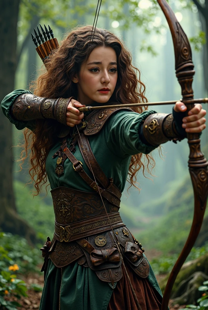 , masterpiece, Ultra-high resolution, Strong woman, Long curly hair, Leather Armor, Medieval clothing, Archer, Finely crafted bow, Mysterious Runes, magic, Detailsed background, forest, extreme details, 4K,