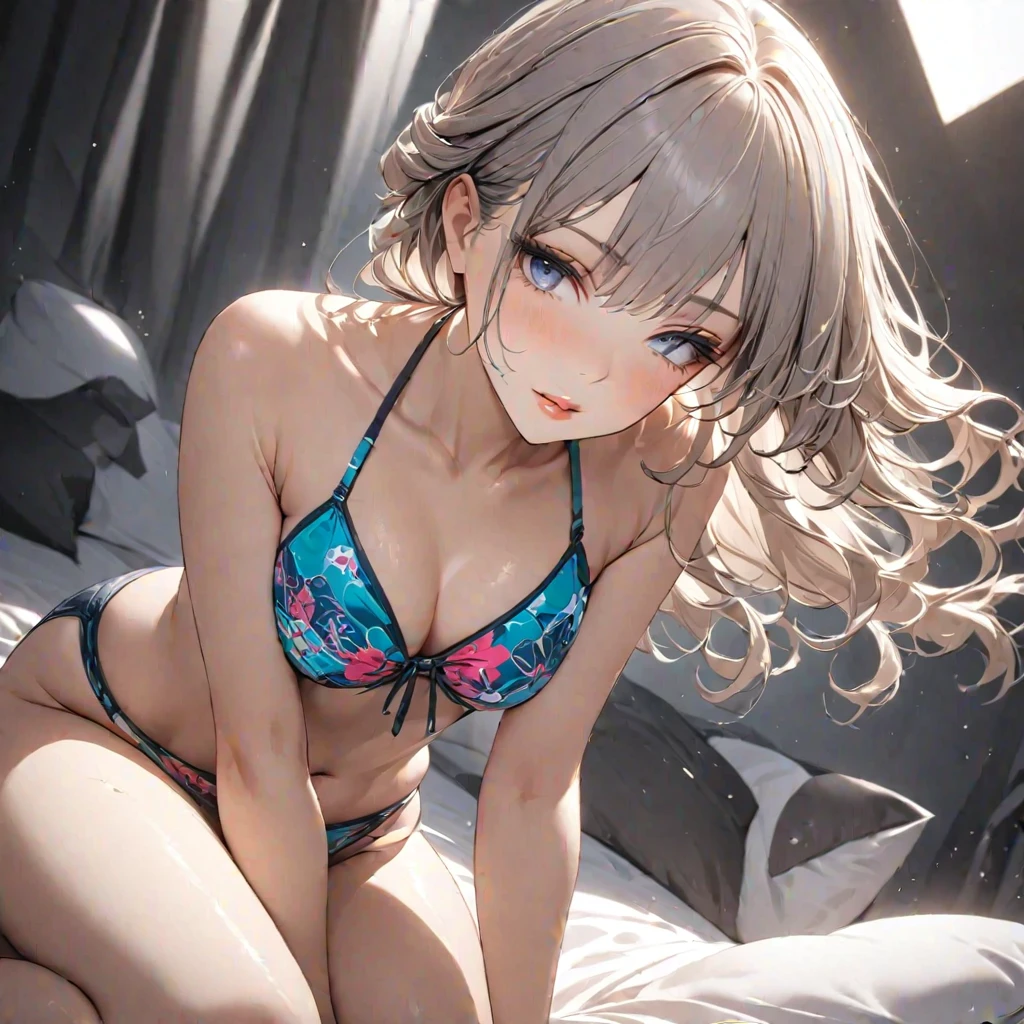 (best quality,8k,16,highres,masterpiece:1.2),ultra-detailed, UHD, Attractive woman, mature, 25 years old, white hair, sunglasses on head, attractive, perfect anatomy, perky breasts, In bikinis, on a sunbed, sun reflector in hands, , laying pose, on back, from a little above, from behind, breasts in air, shot straight