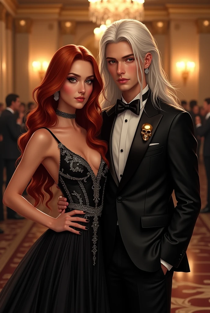 A couple is attending a lavish gala in a grand, opulent mansion. The woman is a young lady with peach skin and long, wavy red hair. She is wearing a striking black and silver evening gown adorned, exuding elegance and confidence. Beside her stands a handsome man with long white hair, dressed in an all-black peak lapel suit, exuding elegance and a mysterious aura. An small golden skull is pinned to his lapel. The atmosphere is luxurious, with chandeliers casting a warm glow over the scene. (Digital art) 