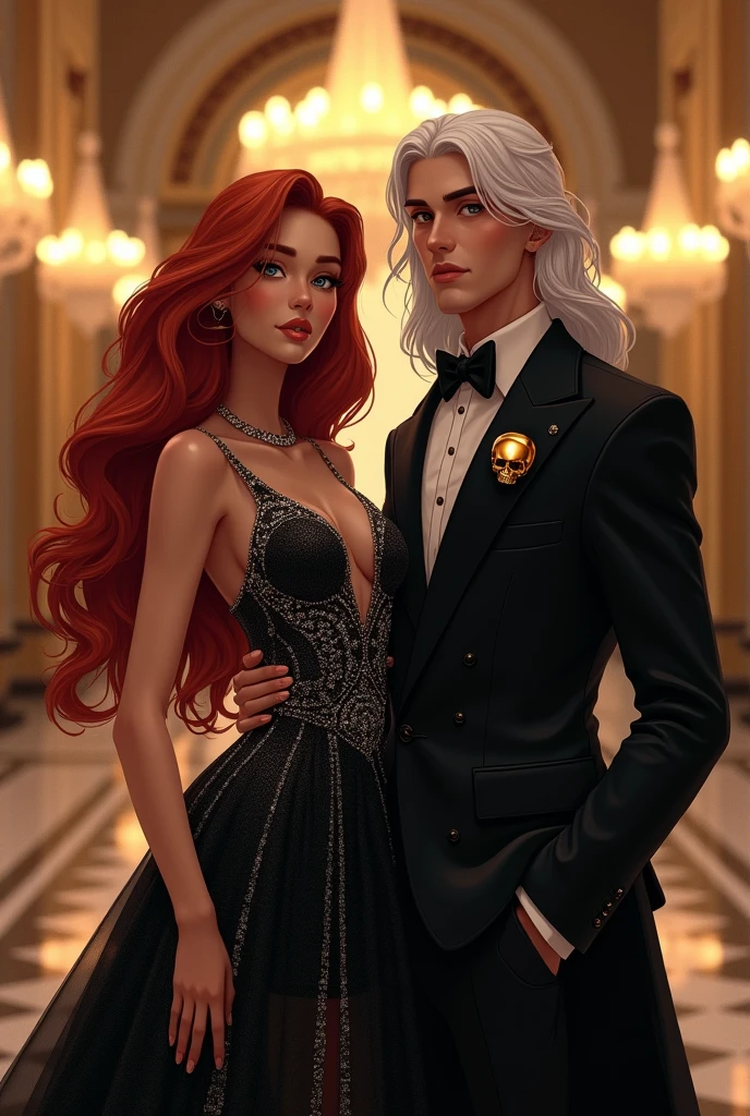 A couple is attending a lavish gala in a grand, opulent mansion. The woman is a young lady with peach skin and long, wavy red hair. She is wearing a striking black and silver evening gown adorned, exuding elegance and confidence. Beside her stands a handsome man with long white hair, dressed in an all-black peak lapel suit, exuding elegance and a mysterious aura. An small golden skull is pinned to his lapel. The atmosphere is luxurious, with chandeliers casting a warm glow over the scene. (Digital art)