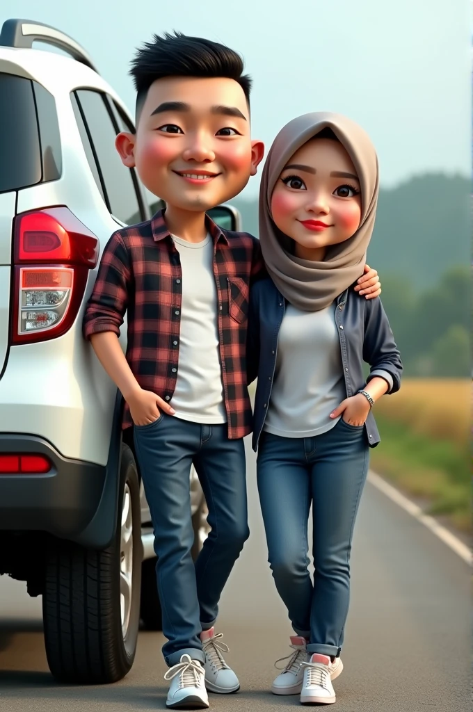 realistic 4D caricature photo, big head, photo of Indonesian-faced couple, adult male, 40 years old, round face, Neat short buzzcut black hair, wearing flannel shirt, white t-shirt, long jeans, sports shoes, an adult woman, 40 years old, wearing a hijab, wearing the same clothes, standing pose while leaning on a white Pajero sport car, with a rural road in the background