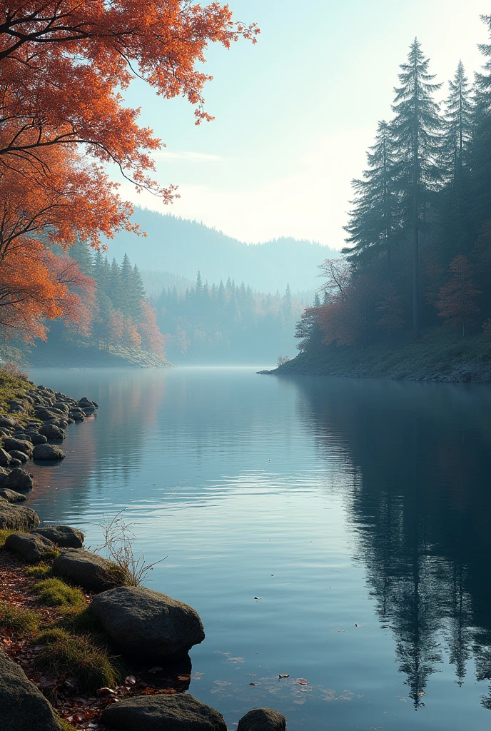 Autumn winter end lake side in forest 