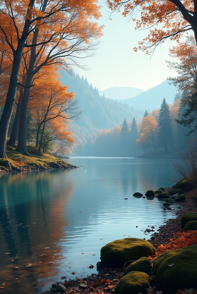 Autumn winter end lake side in forest