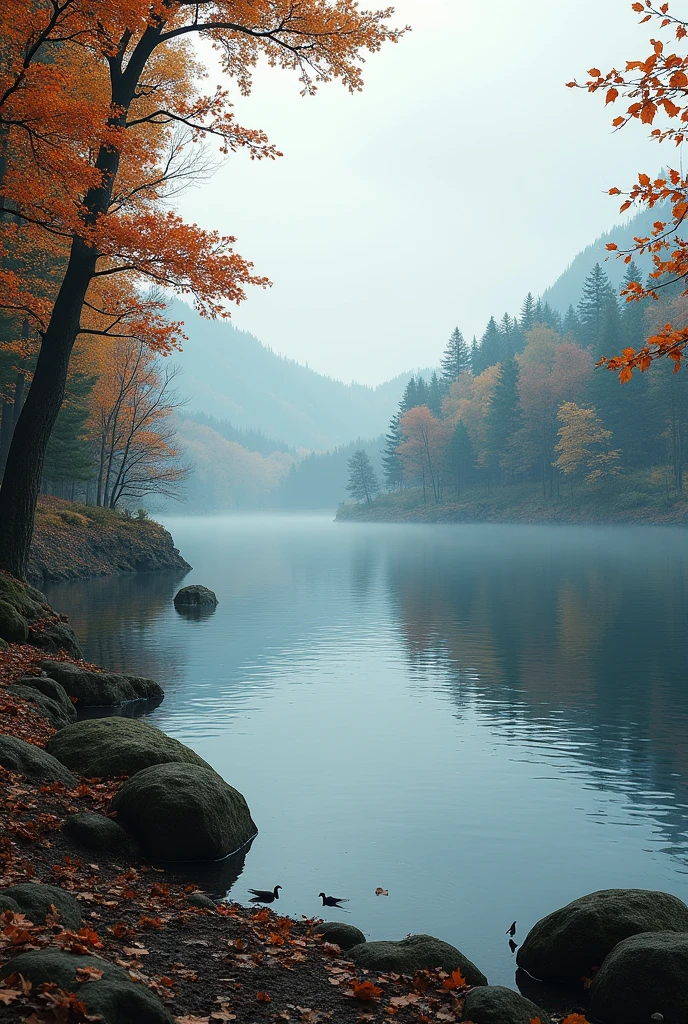 Autumn winter end lake side in forest 