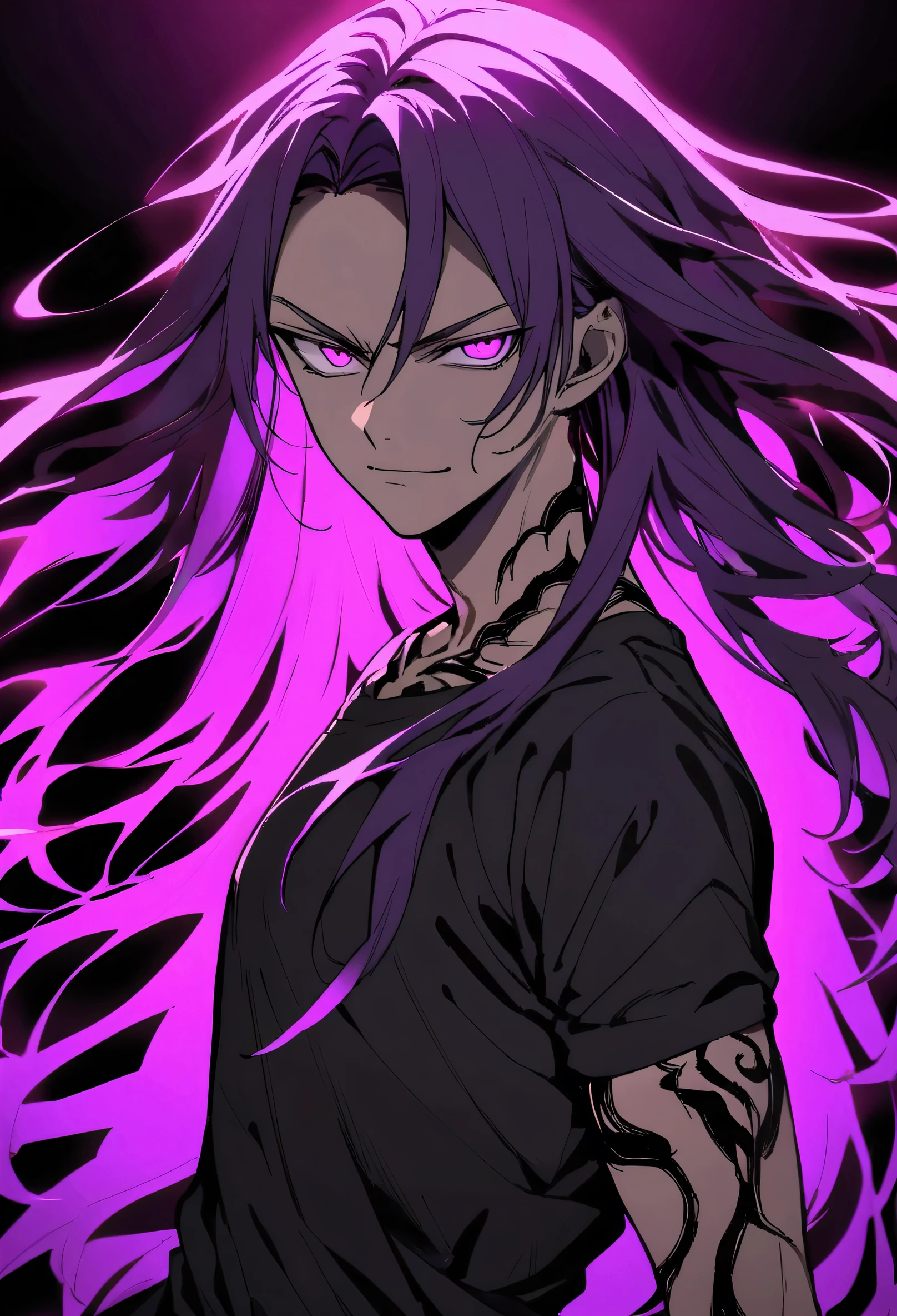  boy, tidy hair, long hair, Bright purple hair, big strip, bright purple eyes, serious face, simple smile, ripped wide gray shirt, many black tattoos on the body, dark aura around the character.