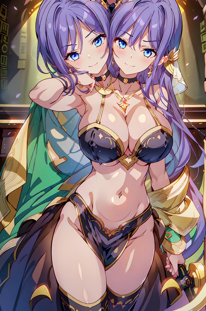 jewelry,gem, necklace, (3heads:1.5), (three headed girl:1.5), open belly, very huge breasts, girl with three heads,
blue eyes, purple hair,long hair,Bangs,
long hair, lipstick, smile, Hot girl, baddie, staring, glaring, bad attitude, mean girl, dare, angry, hate, crazy, smoking, sensual, attractive, masterpiece, best quality, highly detailed ,glint,halterneck,gold_choker, complex detailed background,
inside, stone wall, ancient interior, ancient egyptian room, hieroglyphs, dark lighting, dark
atmosphere, (cowboy shot), holding a sword, sword, belly_chain,harem_outfit,navel, necklace,
pelvic_curtain,revealing_clothes, veil,masterpiece,best quality,1girl,mature,evil smile, smile,
female,mature,necklace,pendant, exposed belly, exposed navel, exposed
midriff, exposed lower belly, navel piercing