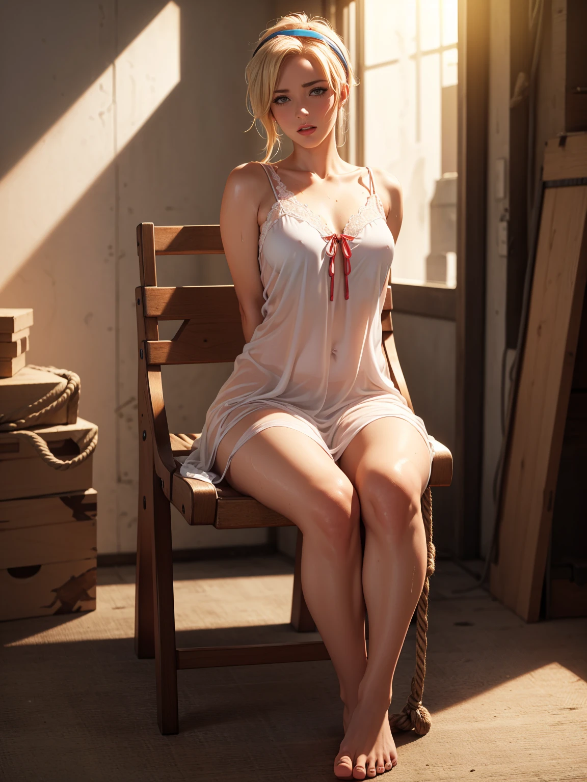 Beautiful,woman, Mercy from overwatch, blonde wet hair, hairband, dewy complexion, long eyelashes,soft-petalled lips,(beautiful detailed lips:1.1),(medium breasts:0.9),youthful appearance, blonde locks cascading down, seductive sexy pose,(empty warehouse background:1.1),soft sunlight, pastel color palette,(best quality:1.2),(highres:1.1),(realistic:1.37),(physically-based rendering:1.1),(vivid colors:1.1),(soft lighting:1.1), full body, (((visible feet))), see-trough night gown, (((see trough night Gown))), (((nude))), largue, sweaty, blushed, (((sitting on chair))), (((tied hands with ropes))), (((arms behind back))), tied to a chair, (((panic face))), (((frightened))), (((struggling))), front view, small panties, from below