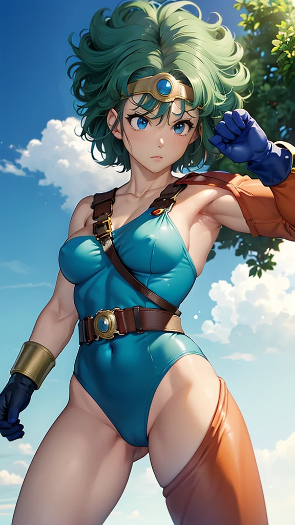 (((SFW、sound、Highest quality、Top notch work、Normal body、8k、Detailed face、Ultra-precision、normal hand、Refer、5refer、Highest)))、beautiful girl、Green Hair、yamato nadeshiko、((Small breasts、Shortcuts、Blue leotard、muscular、Red Cape、Circlet))、(((Sexy pose)))、Female Heroes、 Fight、Fight is ready、((Perfectly executed:Description of the whole body,Standing posture,Draw the details well、There is no anatomical problem))、grassland
