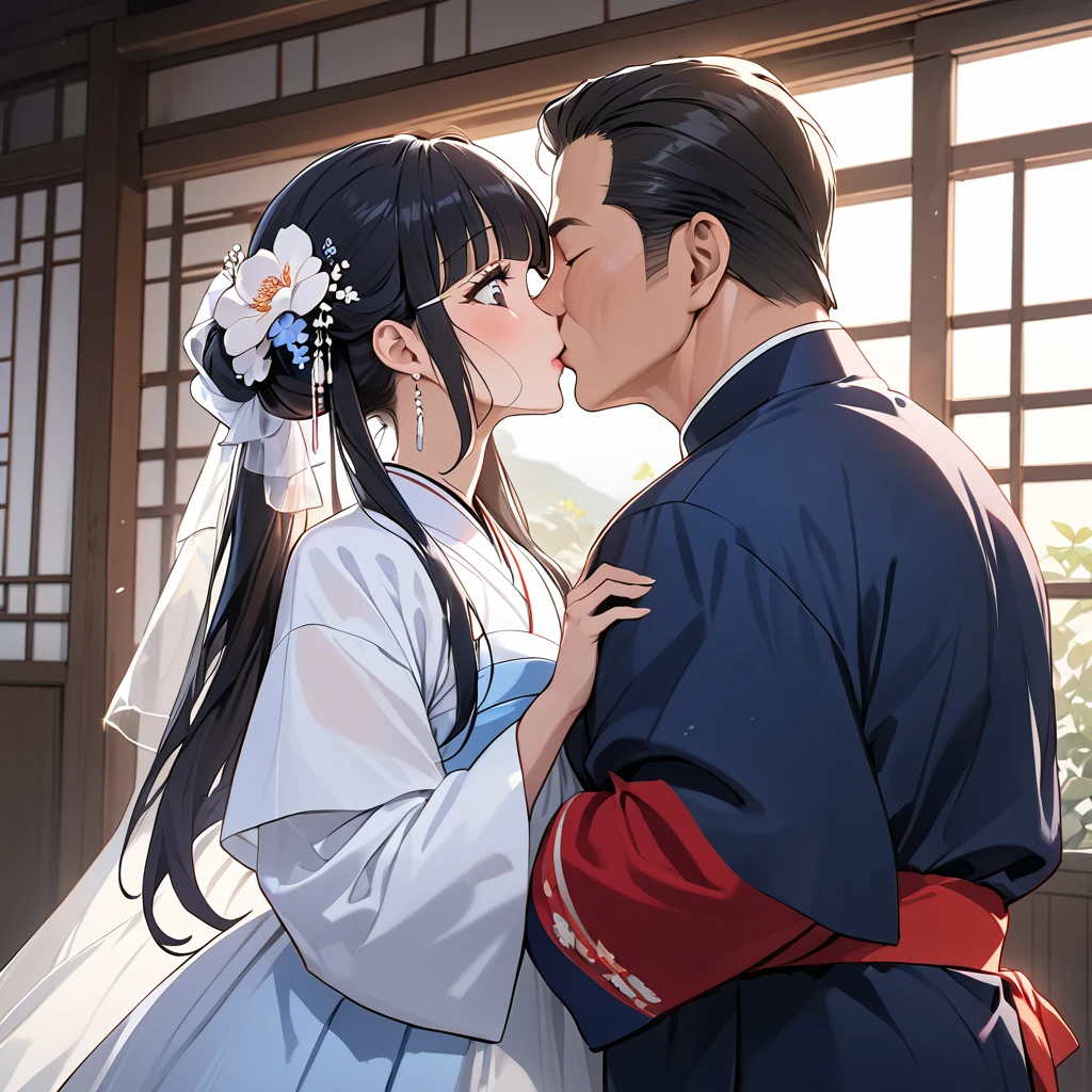 ((Highest quality)), ((masterpiece)), (detailed), (Perfect Face)、The woman is Reika Aoki with semi-long hair、The woman is wearing a North Korean traditional traditional dress and is holding a kiss and vows with a middle-aged North Korean man to get married.