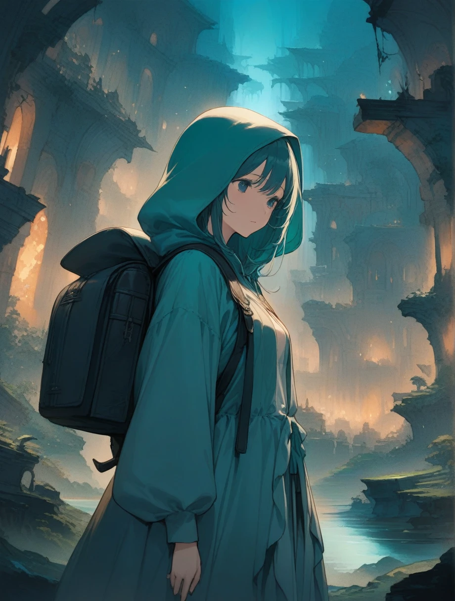 score_9, score_8_up, score_7_up, score_アニメ, masterpiece, best quality, delicate illustration, sharp line, sharp focus, BREAK,Traveler girl wandering in the ruins of endless night, the girl is wearing a hood, a lot of baggage in her backpack., night、City of the Future、Fantastic landscape、Beautiful Landscape、Harmony with Nature