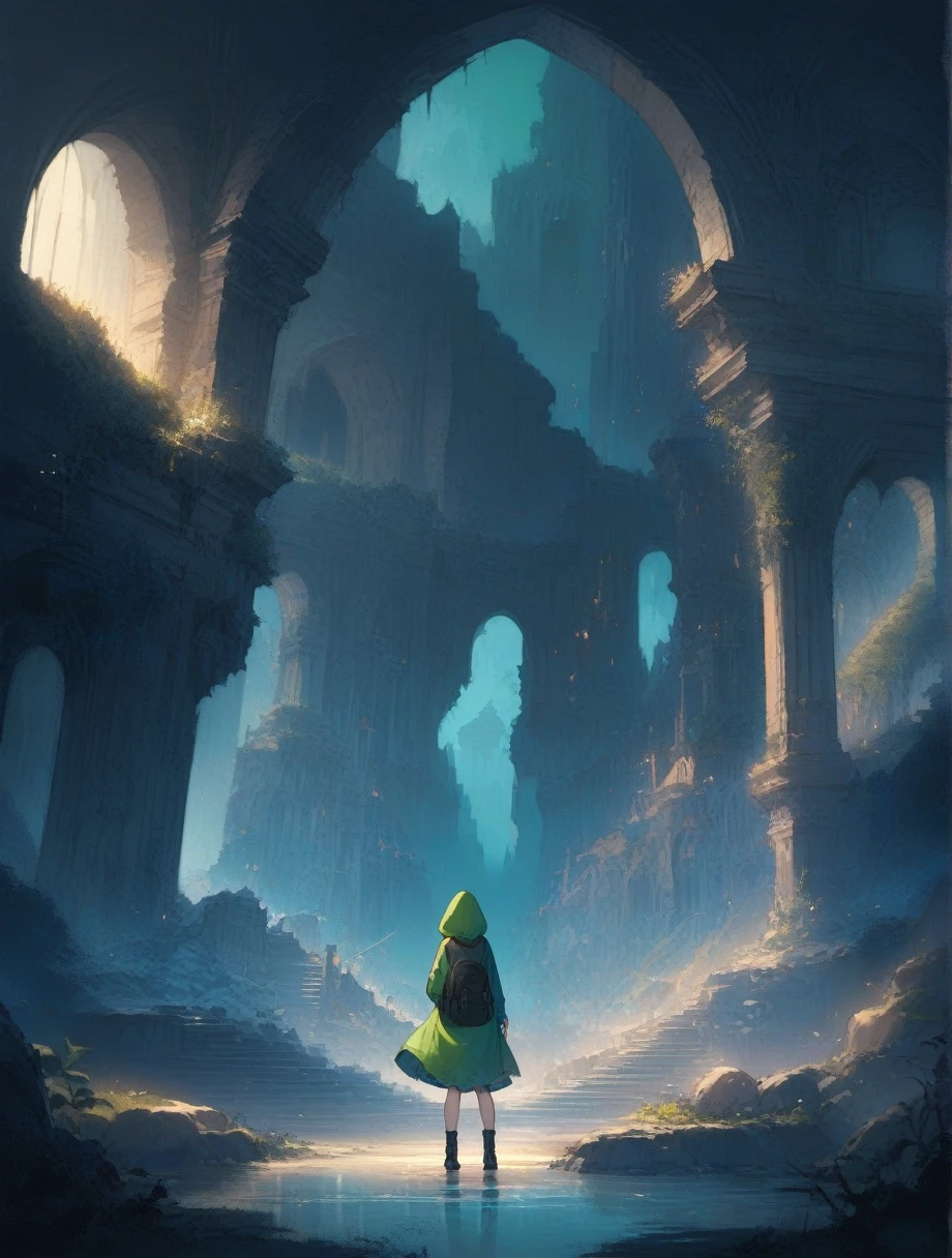 score_9, score_8_up, score_7_up, score_アニメ, masterpiece, best quality, delicate illustration, sharp line, sharp focus, BREAK,Traveler girl wandering in the ruins of endless night, the girl is wearing a hood, a lot of baggage in her backpack., night、City of the Future、Fantastic landscape、Beautiful Landscape、Harmony with Nature