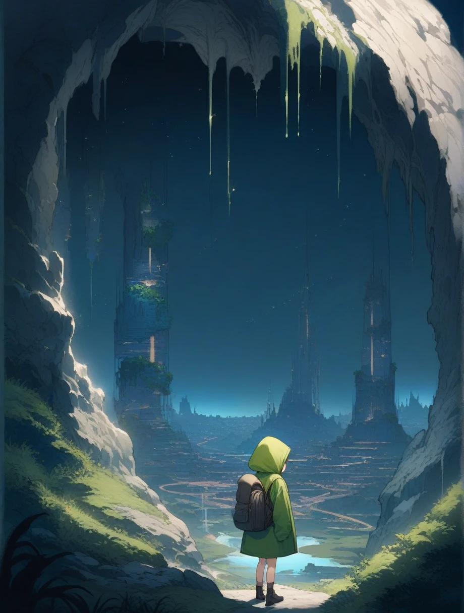 score_9, score_8_up, score_7_up, score_アニメ, masterpiece, best quality, delicate illustration, sharp line, sharp focus, BREAK,Traveler girl wandering in the ruins of endless night, the girl is wearing a hood, a lot of baggage in her backpack., night、City of the Future、Fantastic landscape、Beautiful Landscape、Harmony with Nature