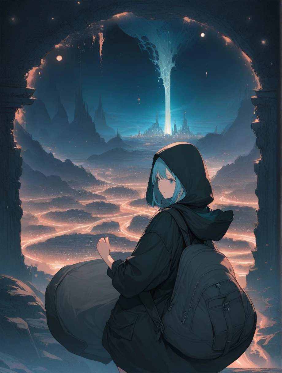 score_9, score_8_up, score_7_up, score_アニメ, masterpiece, best quality, delicate illustration, sharp line, sharp focus, BREAK,Traveler girl wandering in the ruins of endless night, the girl is wearing a hood, a lot of baggage in her backpack., night、City of the Future、Fantastic landscape、Beautiful Landscape、Harmony with Nature