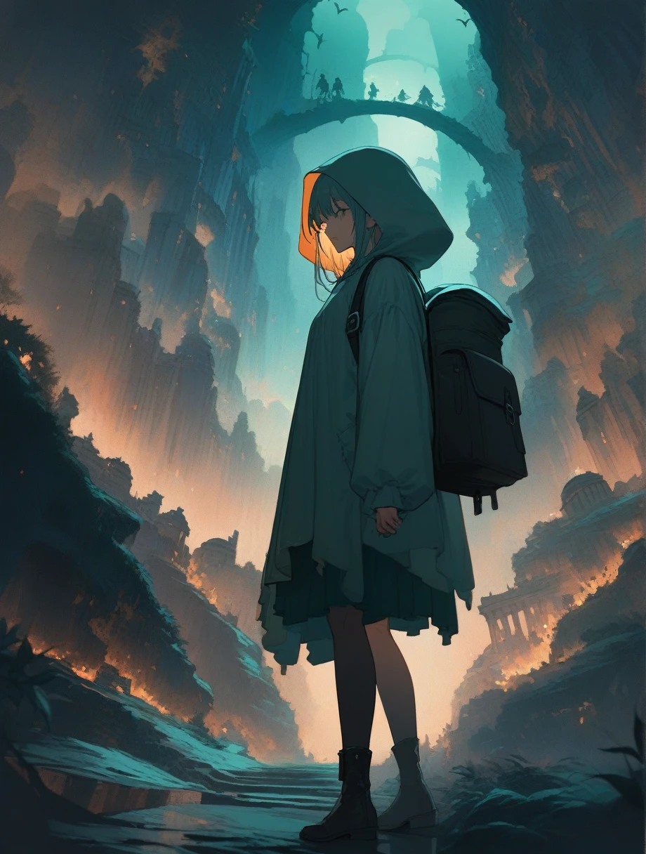 score_9, score_8_up, score_7_up, score_アニメ, masterpiece, best quality, delicate illustration, sharp line, sharp focus, BREAK,Traveler girl wandering in the ruins of endless night, the girl is wearing a hood, a lot of baggage in her backpack., night、City of the Future、Fantastic landscape、Beautiful Landscape、Harmony with Nature