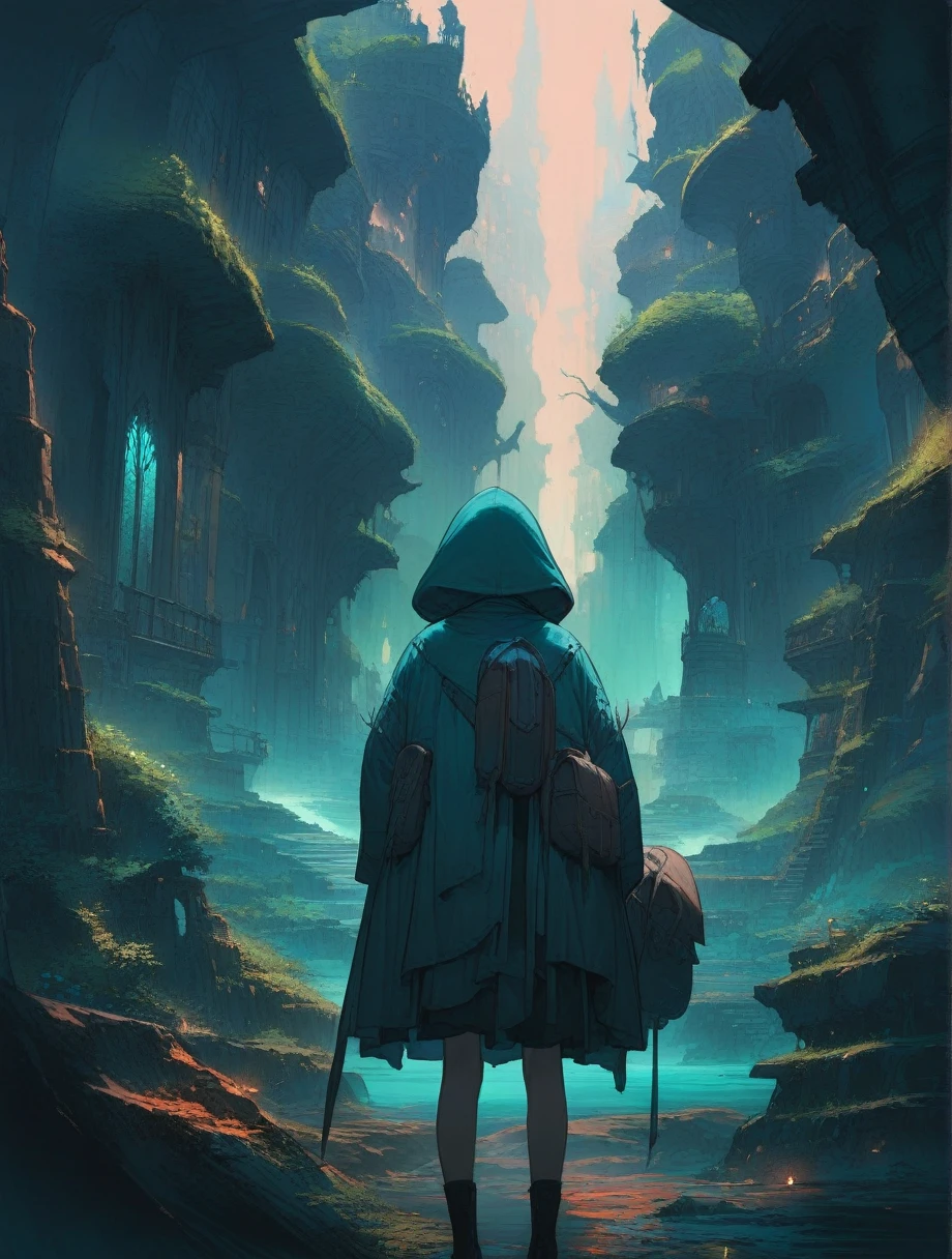 score_9, score_8_up, score_7_up, score_アニメ, masterpiece, best quality, delicate illustration, sharp line, sharp focus, BREAK,Traveler girl wandering in the ruins of endless night, the girl is wearing a hood, a lot of baggage in her backpack., night、City of the Future、Fantastic landscape、Beautiful Landscape、Harmony with Nature