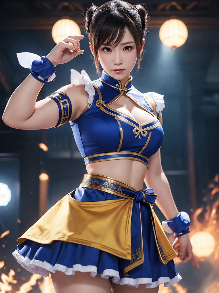 Cinematic poster. 8k, real image, intricate details, ultra-detailed, (photorealistic), (8k, RAW photo, best quality, masterpiece:1.2),(realistic, photorealistic:1.37).
(ChunLi:1.0), 1girl, solo, Chun-li wearing blue clothing, full body, with gold details glued all over the body with sparkle, (camel toes), Hot body, Hot girl, Athletic body, skin with sparkle, highly detailed, realistic. kinematic lighting.
In the background a cinematic ancient Chinese city with stone dragon statues.