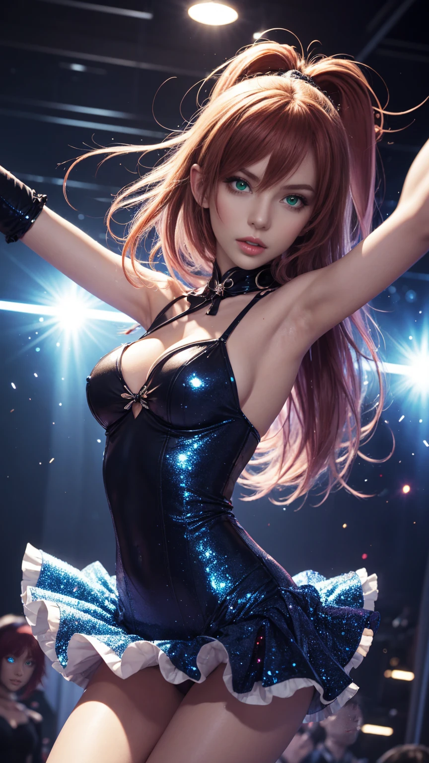 Anime bishoujo, sparkly, messy, angry, dancing poses, award winning digital art, wide angle, crazy detailed