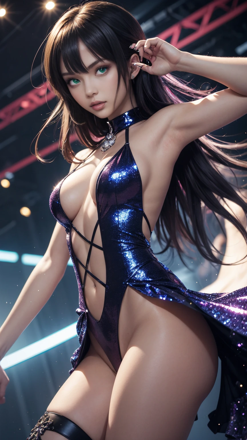 Anime bishoujo, sparkly, messy, angry, dancing poses, award winning digital art, wide angle, crazy detailed