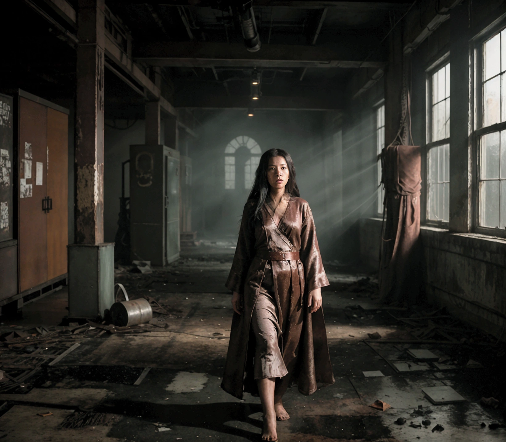 A chilling scene inside an old, abandoned factory at night. The atmosphere is dark and eerie, with broken machinery and rusted metal scattered across the floor. Dim light filters through cracked windows, casting long shadows. In the center of the image, an ethereal, oriental ghost with traditional robes and long, flowing hair hovers slightly above the ground. The ghost's face is partially obscured, exuding a sense of mystery and dread. The setting feels like a classic horror film, with the ghost blending seamlessly into the haunted, decaying surroundings
