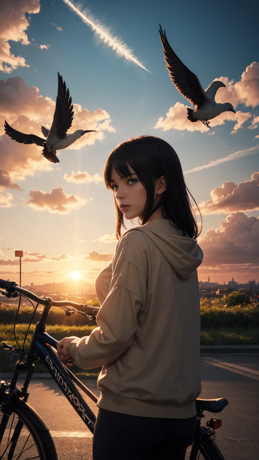 (3D:0.5,realistic:0.5,photorealistic:0.5),(absurdres,Super-resolution,masterpiece,best quality,finely detailed,absurdres:1.2), dramatic light, dramatic illumination, cinematic, anime scenery, makoto shinkai, ghibli, fantasy world, magical, beautiful sky, clouds, building, bikes, airplane trail, birds, dramatic lighting, cinematic lighting, sunset, warm sunset, warm sun, street, depth of field, lens flare,