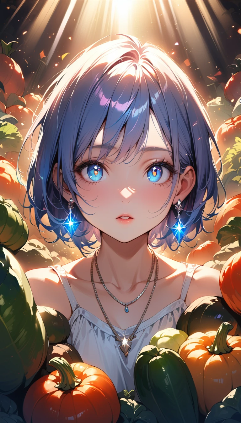 masterpiece, Highest quality, (((Surrounded by lots of vegetables)))、Raising awareness, Sax Blue, プラチナEarrings, Platinum Necklace, White Dress, One Girl, cute, (Dynamic Lighting:1.2), Cinema Lighting, Delicate facial features, Detailed eyes, Sharp pupils, Realistic student, Written boundary depth, ボケ Written boundary depth, Sharp focus, (Very detailed, bloom, Shine:1.4), Lots of little gems, (((short_hair))), Toru Asakura、黒hairs、Earrings、gradation hair、multi color hair、分けた前hair、blue hair、Upper Body、Ultra close-up footage、