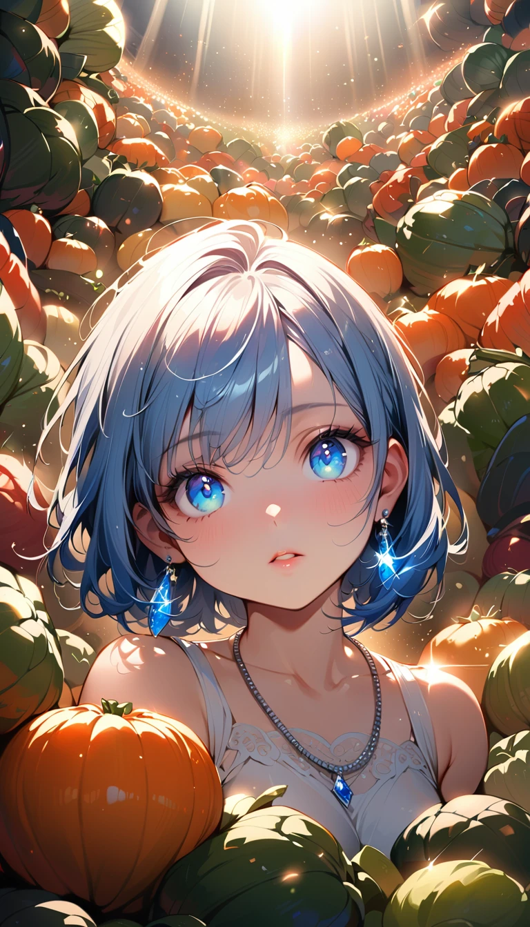 masterpiece, Highest quality, (((Surrounded by lots of vegetables)))、Raising awareness, Sax Blue, プラチナEarrings, Platinum Necklace, White Dress, One Girl, cute, (Dynamic Lighting:1.2), Cinema Lighting, Delicate facial features, Detailed eyes, Sharp pupils, Realistic student, Written boundary depth, ボケ Written boundary depth, Sharp focus, (Very detailed, bloom, Shine:1.4), Lots of little gems, (((short_hair))), Toru Asakura、黒hairs、Earrings、gradation hair、multi color hair、分けた前hair、blue hair、Upper Body、Ultra close-up footage、